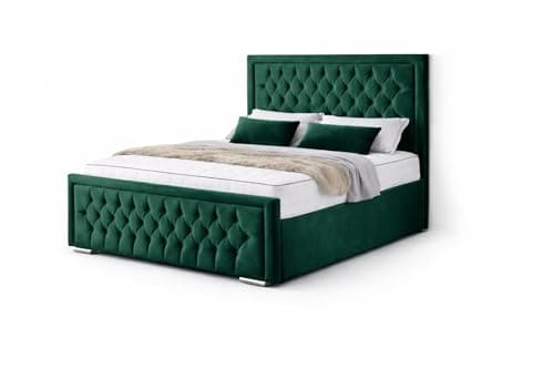 Image of Plush Buttoned Bed Frame with 46-Inch Headboard, 4 Storage Drawers, Contemporary Design, Small Double, Upholstered Velvet Finish (Dark Green, 4ft)