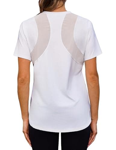 Image of Crewhpo Women's Gym Shirts Short Sleeve Running Top Back Mesh Lightweight Moisture Wicking T-Shirt Loose Fit Sports Tops White