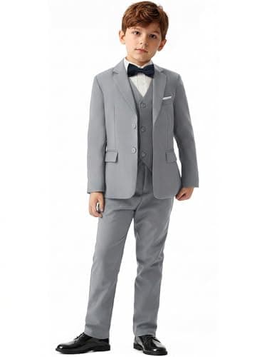 Image of QUELDRA Boys Suits 5 Piece Formal Dress Slim Fit Dresswear Suit Set Blazer Waistcoat Trouser Suspenders Bow Tie 4-14 Years Wedding Party Light Grey