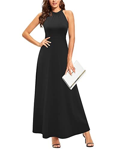 Image of STYLEWORD Women's Black Sleeveless Off Shoulder Elegant Summer Dress Halter Neck Maxi Long Dress (Black,S)