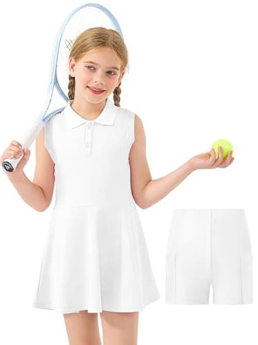 Image of GroYolan Girls Tennis Dress with Shorts Pockets Sleeveless Golf Outfit Athletic Dress for Sports Workout 5-15 Years White