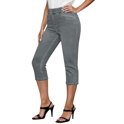 Image of Women's Casual Jeans Grey High Waisted Frayed Raw Hem Jeans UK 14 Baggy Slim Fit Stretchy Jean Leggings with Pockets Ladies Fashion Summer Denim Leggings Trendy 2026 Holiday Outfits