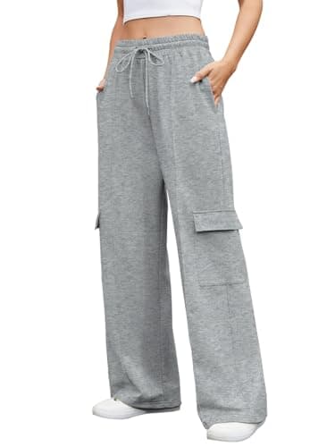 Image of Shephorion Women's Wide Leg Joggers with Pockets - High Waisted Stretchy Lounge Sweatpants for Yoga Gym Casual Wear (LightGrey, M)