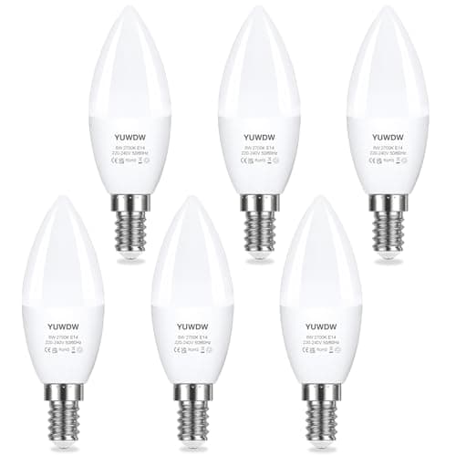 Image of YUWDW E14 LED Light Bulb,Warm White 2700K Yellow Light,6W (60 Watts Equivalent) SES LED Candle Bulb,Small Edison Screw Light Bulbs,Energy Saving Candle Light Bulbs,550 Lumen,Non-Dimmable,Pack of 6