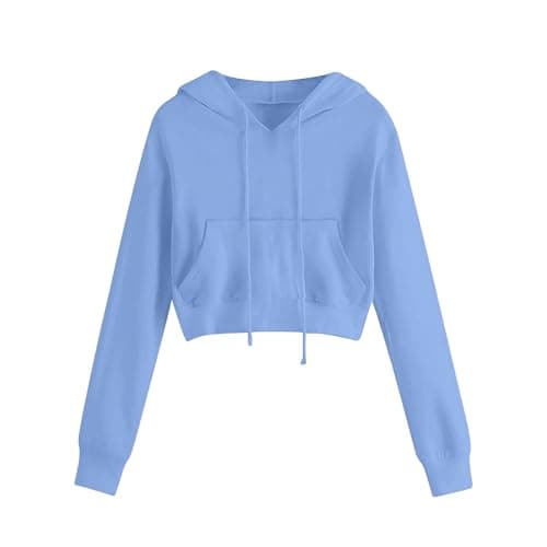 Image of Light Blue Womens Cropped Hoodie Causal Cropped Hoody Hooded Sweatshirt Long Sleeve Lace Up Neck Pullover Crop Tops Ladies Workout Joggers Dancing Hoodies Y2K Fashion Teen Girls Outfit