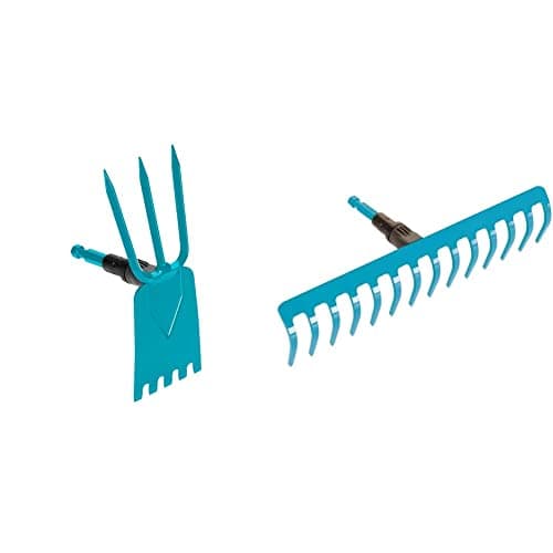Image of Gardena combisystem garden hoe: Hoe with straight leaf, 3 tines, 9 cm working width, made steel, thermosetting coated (3219-20) & Combisystem Rake - Blue