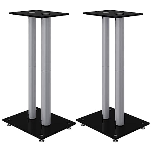Image of vidaXL Speaker Stands 2pcs, Speaker Floor Stand Bookshelf Speaker, Monitor Speaker Stand, Modern Style, Black&Silver Tempered Glass 2 Pillars Design