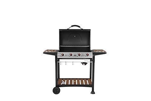Image of George Foreman 4 Burner Gas BBQ with Automatic Ignition & Integrated Thermometer, Black, Gas Barbecue, 2 Wheels Fitted Rack with 2 Shelves Wood Effect, GFGBBQ4BW