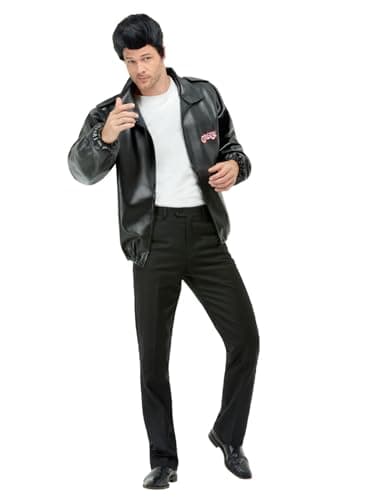 Image of Smiffys Grease T-Birds Jacket for Adults in Black, Embroidered Logo, Officially Licensed Grease Fancy Dress, Adult Dress-Up Costumes for Fun Music-Themed Parties