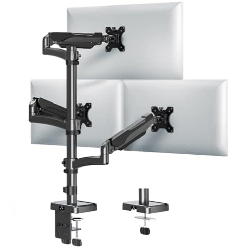 Image of MOUNTUP Triple Monitor Arm Desk Mount Fits Max 32 Inch Screen, Holds 2-9KG, 3 Monitors Desk Mount with Tilt Swivel Rotation, Gas Spring Monitor Arm Stand with Clamp/Grommet Base, EU6013A