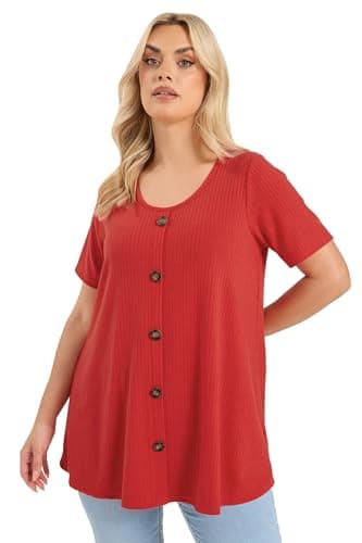 Image of Yours Curve Button Front Ribbed Swing Top - Women's - Plus Size Curve Red