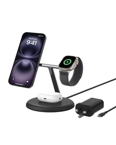 Image of Belkin BoostCharge 3-in-1 Wireless Charging Stand with Qi2 15W, MagSafe Compatible Fast Charger for iPhone 17, Air, 16, 15, 14, 13, 12 Series, PixelSnap, AirPods, Apple Watch (PSU included) - Black