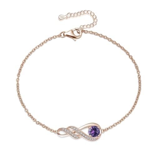 Image of LOCIBLO February Birthstone Bracelets for Women 925 Sterling Silver Purple Created Amethyst Bracelet Rose Gold Plated Infinity Pendant Jewellery, 6.7"+1.2"