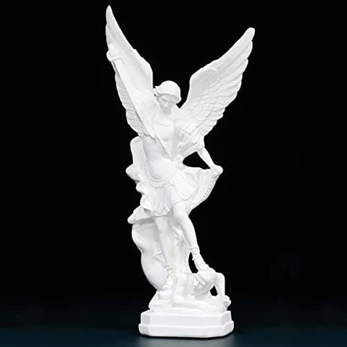 Image of 12.4in White San Miguel Arcangel Statue, St Michael Defeating Satan Figurine, Resin Saint Archangel Collection, Religious Angel for Decor