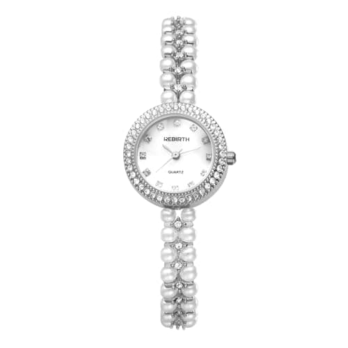 Image of JewelryWe Womens Iced-Out Pearl Watch: Round Analog Quartz Wrist Watch Stylish Rhinestone Casual Business Dress Watch