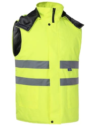 Image of Oralidera Mens Hi Viz Bodywarmer Workwear Quilted Vest Safety Wear Warm Waistcoat Work Hooded Sleeveless Padded Jackets Gilets, Green, XL