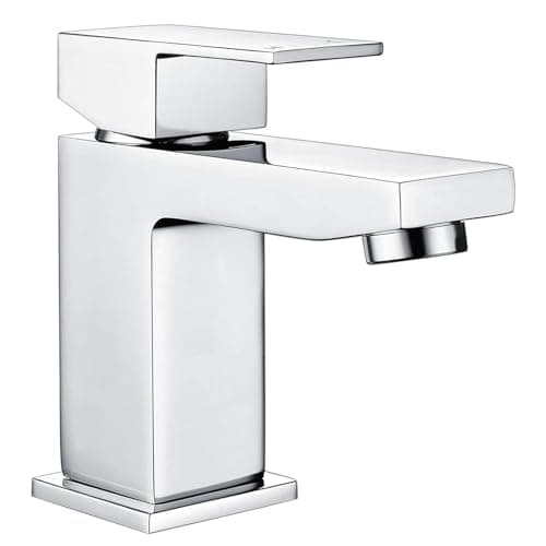 Image of Bathroom Sink Taps Mixers Square Basin Taps, Monobloc Basin Mixer Tap 1 Hole Bathroom Taps with Hot and Cold Hoses for Bathroom, Washroom, Cloakroom, Chrome