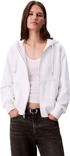 Image of Calvin Klein Women's ARCHIVE LOGO FRENCH TERRY FZ HOO LV047B237G Sweatshirts, WHITE (Brilliant White), M