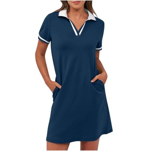 Image of Shirt Dresses for Women UK Summer Tennis Golf Dress Casual Short Sleeve Collar V Neck Mini Dresses with Pockets Loose Fit Tunic T Shirt Dress Trendy Sports Lounge Going Out Sundress Blue