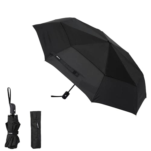 Image of Amazon Basics Round Automatic Travel Compact Umbrella Windproof Strong, with Wind Vent, Black, One Size