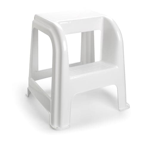 Image of Heavy Duty Plastic 2 Step Stool for Adults & Kids - Anti-Slip Bottom - Perfect for Kitchen, Bathroom & Bedroom - 150kg Max Load (White)