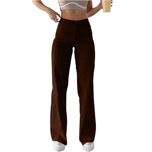 Image of HAOLEI Jeans for Women Petite Slim Fit Stretch Essentials Jeans Bootcut Flared Jeans High Waist Straight Leg Joggers Regular Fit Workout Spring Fall Work Pants Boyfriend Denim Trousers Ladies Brown