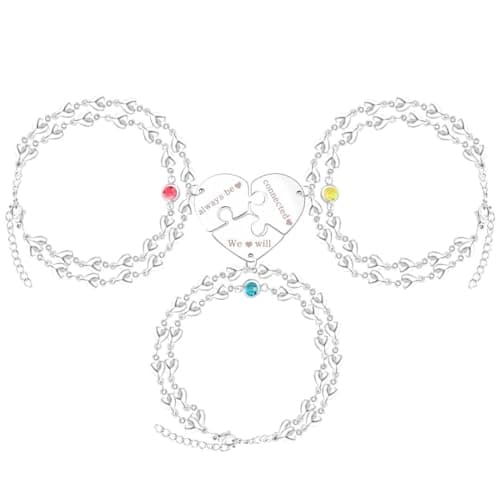Image of Uloveido We Will Always be Connected Heart Puzzle Bracelets of 3 Stainless Steel Heart Chain Double Layers Bracelets for Womn Girls Long Distance Relationship Bracelets