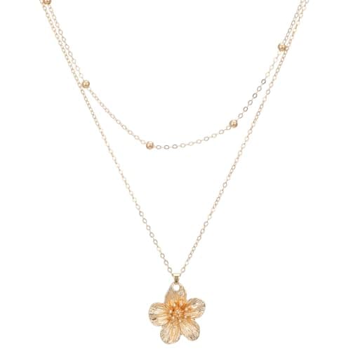 Image of DOPENSPI Gold Flower Pendant Necklace for Women, Gold Metal Folded Flower Necklace Stainless Steel Double Layered Chain Necklaces Choker Adjustable Boho Jewelry Gift for Birthday Holiday Party Present