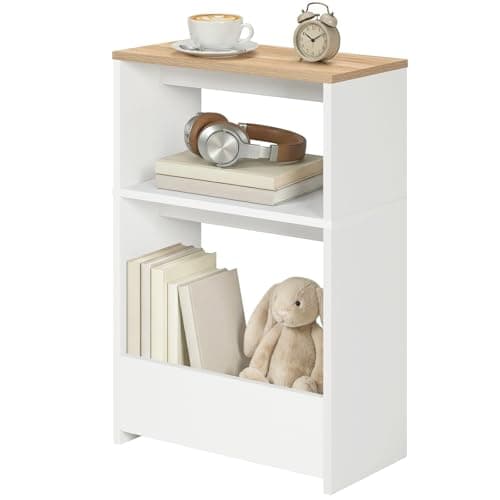 Image of MAHANCRIS 3-Tier Narrow Side Table, End Table with Magazine Rack, Nightstand for Living Room, Bedroom, Study, Kitchen, Balcony, White and Natural AETBN7501