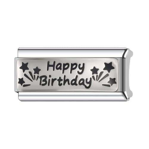 Image of Mon & Sons Happy Birthday Star Superlink Long Double Size Width 9mm Stainless Steel Silver Italian Link Charm Compatible With 9mm Link Bracelet