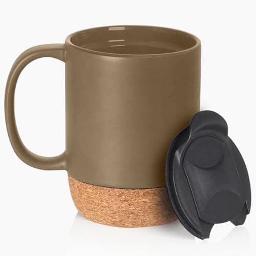 Image of Reusable Ceramic Travel Mug with Handle and Lockable Lid & Heat Proof Cork Base - Spill & Leak Proof, Refrigerator Safe, Heat Resistant Coffee Mug - Mocha