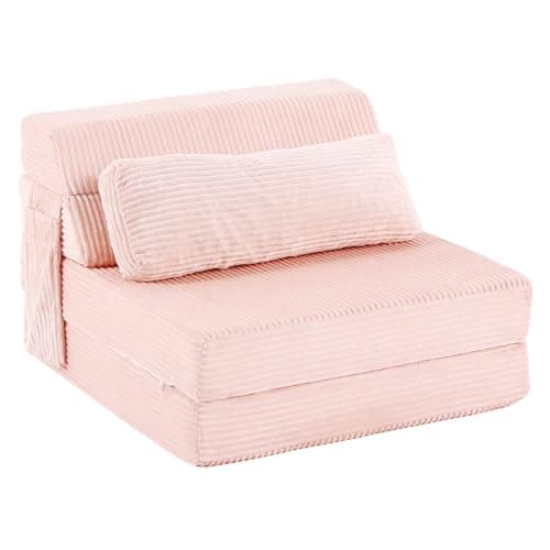 Image of YOTATING Folding Sofa Bed with Pillow, Corduroy Convertible Sleeper Chair, Comfy Floor Futon Mattress Lounge Sofa for Adults, Fold Out Chair Bed for Living Room, Bedroom, Pink