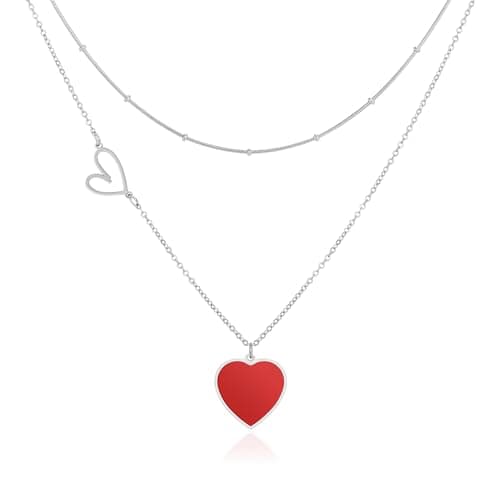 Image of Linawe Silver Red Heart Pendant Necklace, Layered Chain Choker Necklaces for Women Trendy, Stainless Steel Stacked Necklaces, Y2K Preppy Double Heart Jewellery, Lover Necklace