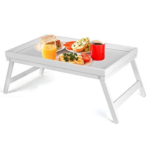 Image of Vencier Bamboo Bed Tray, Folding Legs, Raised Edge, For Breakfast in Bed and Serving, HWD: 22x64x31cm, White (White)
