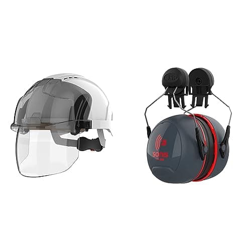 Image of JSPJSP EVO VISTAshield Safety Helmet with Integrated Faceshield - Vented - White/Smoke & Sonis 3 Helmet Mounted Ear Defenders - SNR 36 - (AEB040-0C1-A00), One sizeJSP