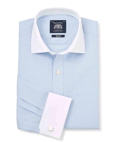 Image of THE SAVILE ROW COMPANY LONDON Men's Slim Fit Cotton Poplin Long Sleeve Winchester Shirt - Double Cuff - Sky Blue Gingham Check - 16.5" Collar - Standard