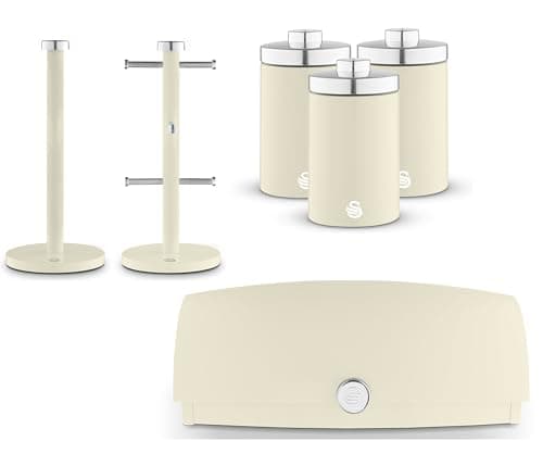 Image of Swan Townhouse Cream Bread Bin, Tea, Coffee, Sugar Canisters, Mug Tree & Towel Pole. Contemporary Matching Kitchen Storage Set of 6