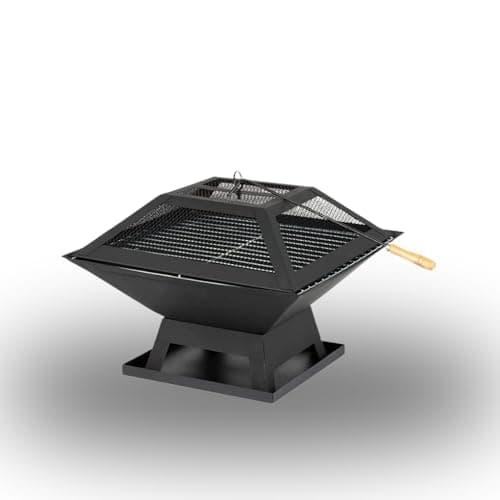 Image of Marco Paul® Large Square Fire Pit 34 x 45cm - Black Powder Coated Metal - Tiled Edging Brazier with Mesh Lid and Handle - Firepit Table with Fire Poker for Garden Patio Outdoor Décor