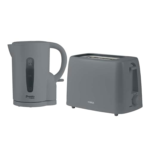 Image of Tower Presto Kitchen Set, 1.7L 2200W Rapid Boil Kettle and 2 Slice Toaster with 6 Browning Levels, 650W, Grey, PT10053GRY & PT20087GRY