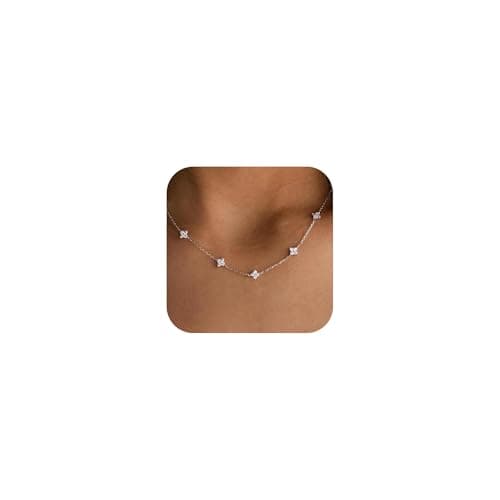 Image of GAUEIOUR Silver Necklaces For Women Plated Silver Necklace Cubic Zirconia With Lucky Grass Jewellery Gifts, Irish Lucky Leaf Women's Stackable Chain Wedding Ball Party Shining Jewellery Accessories