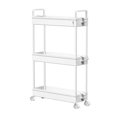 Image of 3-Tier Ultra Slim Plastic Trolley on Wheels | x9 Hooks & 2 Cups | Slide-Out Storage Shelves | Makeup Storage | Cleaning Trolley | Shelves Unit | Utility Cart | Cleaning Caddy | Rolling Cart (White)