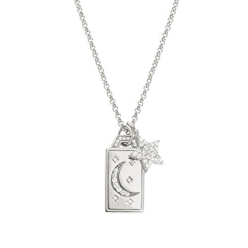 Image of Nomination – "May All My Dreams... Talisman Necklace in Rhodium-Plated 925 Sterling Silver with White Cubic Zirconia and Moon, Star & Moonstone Charm, Adjustable Length 42–47 cm