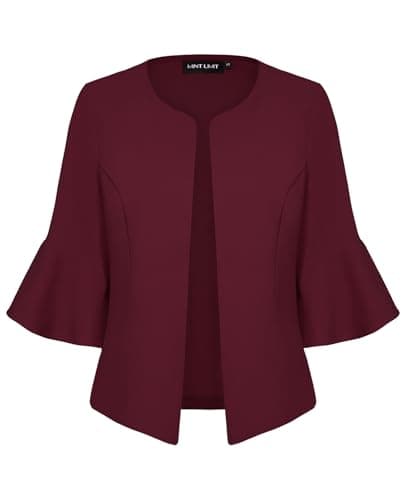 Image of MINTLIMIT Cropped Blazer Women Open Front Elegant Blazers Jacket Flared Sleeve Cardigan Outerwear Front Lined Elegant (Wine Red M)