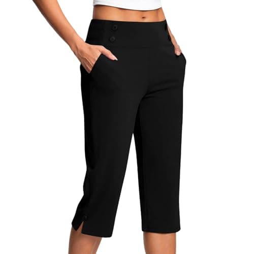 Image of Capri Trousers for Women UK Elastic Waist Summer Pants with Pockets Stretch Straight Leg 3/4 Leggings Knee Length Shorts Ladies Cropped Bottoms Lightweight Golf Work Yoga Pants Plus Size