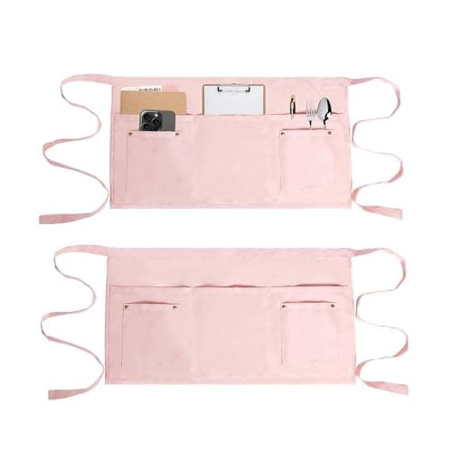 Image of MIKI WELL Waitress Apron with 5 Pockets - Waist Apron Short Half Work Aprons for Waitress Waiter Women Men Chef (Pink-2 Pack)