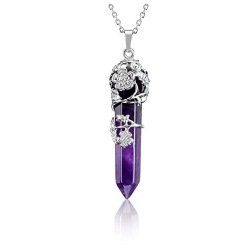 Image of Jovivi Amethyst Crystal Point Pendant Necklace for Women, Silver Flower Wrapped Purple Hexagonal Stone Chakra Necklace Gemstone Jewellery Gifts