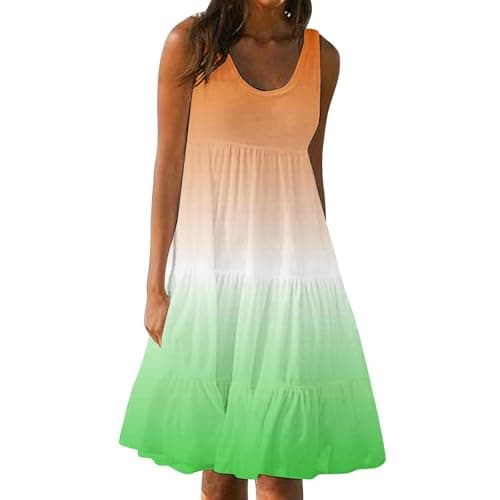 Image of Women's Summer Dress Plus Size Boho Midi Dresses Casual Sleeveless Sundress Bohemian Pleated Beach Dress Ladies Flowy Holiday Swing Loose Fit Dresses for Party Evening Green