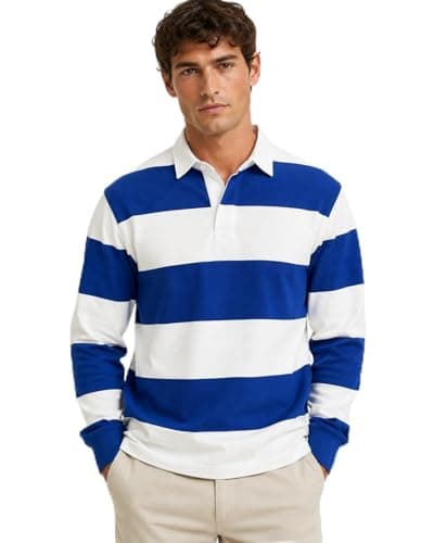 Image of Gaffer Mens Rugby Shirt Long Sleeve Polo Top Plain Single Stripe Multi Stripe Classic Casual Sports Workwear Blue White - Multi Stripe S