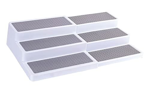 Image of 3–Tier Expandable Plastic Spice Rack - Adjustable Length, Stability with Non-Skid Shelf, Three Tiers for Easy Visibility, Organizer for Kitchen Cabinet, Pantry or Countertop, White/Grey