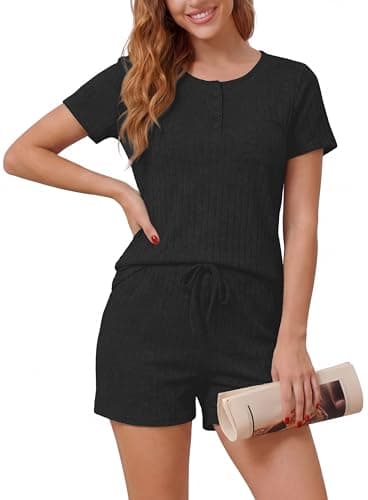 Image of TIANZHU Women's Pyjamas Set Lounge Wear Sets for Women Uk Short Style Sleepwear with Pockets, Black, UK Size 24-26